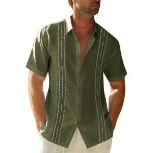 imageRuncati Mens Short Sleeve Guayabera Shirts Linen Cotton Button Down Mexican Embroidered Cuban Wedding Shirt Summer Beach Tops03 Army Green