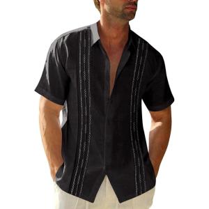 imageRuncati Mens Short Sleeve Guayabera Shirts Linen Cotton Button Down Mexican Embroidered Cuban Wedding Shirt Summer Beach Tops03 Black