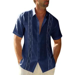 imageRuncati Mens Short Sleeve Guayabera Shirts Linen Cotton Button Down Mexican Embroidered Cuban Wedding Shirt Summer Beach Tops03 Navy