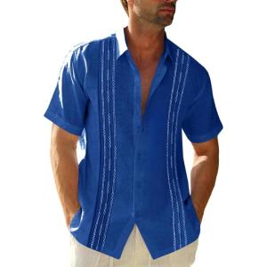 imageRuncati Mens Short Sleeve Guayabera Shirts Linen Cotton Button Down Mexican Embroidered Cuban Wedding Shirt Summer Beach Tops03 Royal