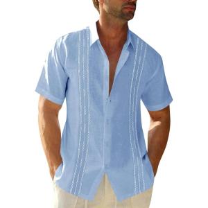 imageRuncati Mens Short Sleeve Guayabera Shirts Linen Cotton Button Down Mexican Embroidered Cuban Wedding Shirt Summer Beach Tops03 Sky Blue