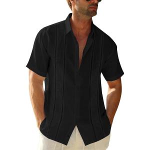 imageRuncati Mens Short Sleeve Guayabera Shirts Linen Cotton Button Down Mexican Embroidered Cuban Wedding Shirt Summer Beach Tops04 Black