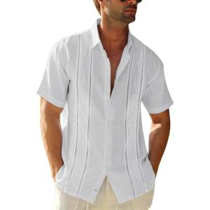 imageRuncati Mens Short Sleeve Guayabera Shirts Linen Cotton Button Down Mexican Embroidered Cuban Wedding Shirt Summer Beach Tops04 White