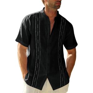 imageRuncati Mens Short Sleeve Guayabera Shirts Linen Cotton Button Down Mexican Embroidered Cuban Wedding Shirt Summer Beach Tops05 Black