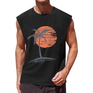 imageRuncati Mens Sleeveless Tank Tops Workout Gym Muscle Shirts Palm Tree Vintage Hawaiian Summer Beach T ShirtsBlack