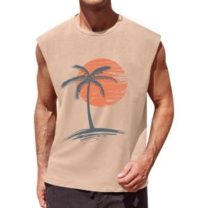 imageRuncati Mens Sleeveless Tank Tops Workout Gym Muscle Shirts Palm Tree Vintage Hawaiian Summer Beach T ShirtsKhaki