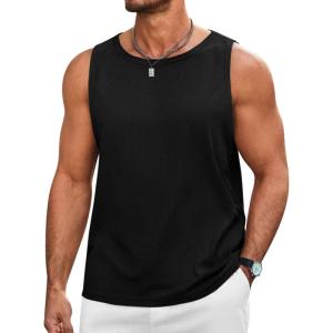 imageRuncati Mens Workout Tank Tops Sleeveless Casual Waffle T Shirts Gym Muscle Summer Beach Tee ShirtBlack