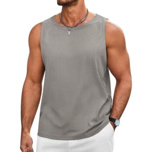 imageRuncati Mens Workout Tank Tops Sleeveless Casual Waffle T Shirts Gym Muscle Summer Beach Tee ShirtGrey