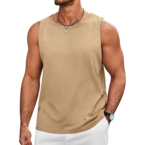 imageRuncati Mens Workout Tank Tops Sleeveless Casual Waffle T Shirts Gym Muscle Summer Beach Tee ShirtKhaki