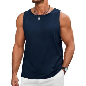 imageRuncati Mens Workout Tank Tops Sleeveless Casual Waffle T Shirts Gym Muscle Summer Beach Tee ShirtNavy Blue