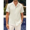 imageMens Waffle Button Down Shirt Short Sleeve Loose Fit Cuban Summer Beach Plain TopsBeige