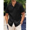 imageMens Waffle Button Down Shirt Short Sleeve Loose Fit Cuban Summer Beach Plain TopsBlack