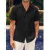 imageMens Waffle Button Down Shirt Short Sleeve Loose Fit Cuban Summer Beach Plain TopsBlack