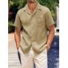imageMens Waffle Button Down Shirt Short Sleeve Loose Fit Cuban Summer Beach Plain TopsKhaki
