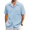 imageMens Waffle Button Down Shirt Short Sleeve Loose Fit Cuban Summer Beach Plain TopsSky Blue