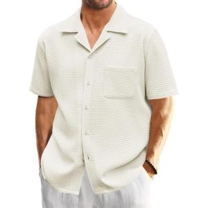 imageMens Waffle Button Down Shirt Short Sleeve Loose Fit Cuban Summer Beach Plain TopsBeige