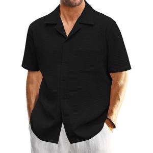 imageMens Waffle Button Down Shirt Short Sleeve Loose Fit Cuban Summer Beach Plain TopsBlack