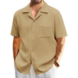 imageMens Waffle Button Down Shirt Short Sleeve Loose Fit Cuban Summer Beach Plain TopsKhaki