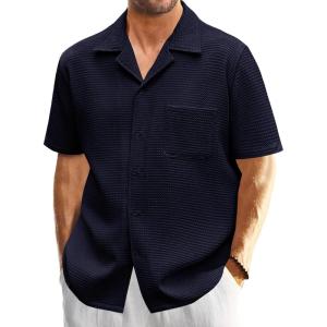 imageMens Waffle Button Down Shirt Short Sleeve Loose Fit Cuban Summer Beach Plain TopsNavy
