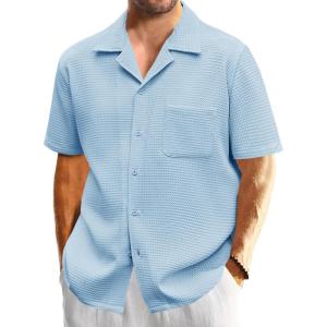 imageMens Waffle Button Down Shirt Short Sleeve Loose Fit Cuban Summer Beach Plain TopsSky Blue