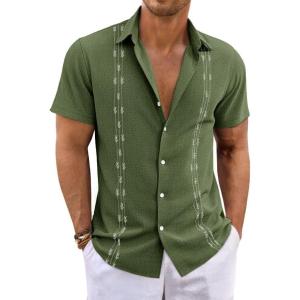 imageRuncati Mens Short Sleeve Guayabera Shirts Button Down Cuban Casual Mexican Shirts Summer Beach Wedding Linen TopsArmy Green
