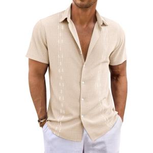 imageRuncati Mens Short Sleeve Guayabera Shirts Button Down Cuban Casual Mexican Shirts Summer Beach Wedding Linen TopsBeige