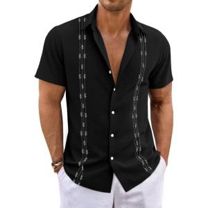 imageRuncati Mens Short Sleeve Guayabera Shirts Button Down Cuban Casual Mexican Shirts Summer Beach Wedding Linen TopsBlack