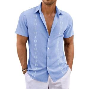 imageRuncati Mens Short Sleeve Guayabera Shirts Button Down Cuban Casual Mexican Shirts Summer Beach Wedding Linen TopsSky Blue