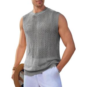 imageRuncati Mens Sleeveless Crewneck Tank Top Casual Mesh Hollow Out Cotton Knit Summer Beach T ShirtGrey