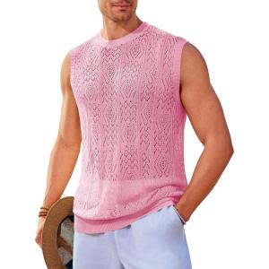 imageRuncati Mens Sleeveless Crewneck Tank Top Casual Mesh Hollow Out Cotton Knit Summer Beach T ShirtPink