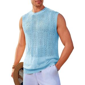 imageRuncati Mens Sleeveless Crewneck Tank Top Casual Mesh Hollow Out Cotton Knit Summer Beach T ShirtSky Blue