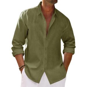 imageRuncati Mens Button Down Shirt Cotton Linen Casual Long Sleeve Shirts Collared Hippie Beach TopsArmy Green
