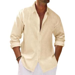 imageRuncati Mens Button Down Shirt Cotton Linen Casual Long Sleeve Shirts Collared Hippie Beach TopsBeige