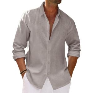 imageRuncati Mens Button Down Shirt Cotton Linen Casual Long Sleeve Shirts Collared Hippie Beach TopsGrey