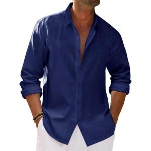 imageRuncati Mens Button Down Shirt Cotton Linen Casual Long Sleeve Shirts Collared Hippie Beach TopsNavy Blue