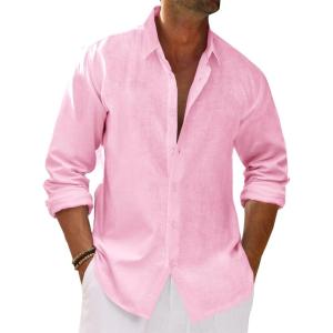 imageRuncati Mens Button Down Shirt Cotton Linen Casual Long Sleeve Shirts Collared Hippie Beach TopsPink