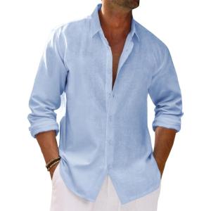 imageRuncati Mens Button Down Shirt Cotton Linen Casual Long Sleeve Shirts Collared Hippie Beach TopsSky Blue