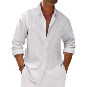 imageRuncati Mens Button Down Shirt Cotton Linen Casual Long Sleeve Shirts Collared Hippie Beach TopsWhite