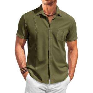 imageRuncati Mens Cuban Guayabera Shirts Button Down Short Sleeve Shirt Casual Mexican Summer Beach Wedding Tops with PocketArmy Green