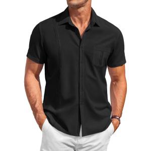 imageRuncati Mens Cuban Guayabera Shirts Button Down Short Sleeve Shirt Casual Mexican Summer Beach Wedding Tops with PocketBlack