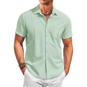 imageRuncati Mens Cuban Guayabera Shirts Button Down Short Sleeve Shirt Casual Mexican Summer Beach Wedding Tops with PocketMint