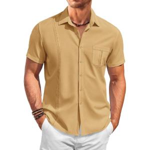 imageRuncati Mens Cuban Guayabera Shirts Button Down Short Sleeve Shirt Casual Mexican Summer Beach Wedding Tops with PocketMustard Yellow