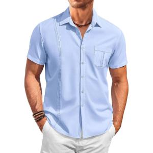 imageRuncati Mens Cuban Guayabera Shirts Button Down Short Sleeve Shirt Casual Mexican Summer Beach Wedding Tops with PocketSky Blue