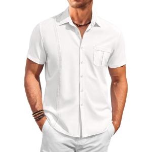imageRuncati Mens Cuban Guayabera Shirts Button Down Short Sleeve Shirt Casual Mexican Summer Beach Wedding Tops with PocketWhite