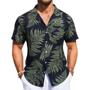 imageRuncati Mens Hawaiian Shirt Button Down Short Sleeve Tropical Floral Summer Beach TopsBlack