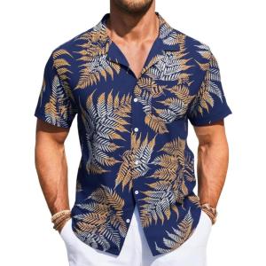 imageRuncati Mens Hawaiian Shirt Button Down Short Sleeve Tropical Floral Summer Beach TopsNavy