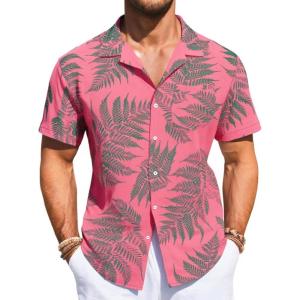imageRuncati Mens Hawaiian Shirt Button Down Short Sleeve Tropical Floral Summer Beach TopsPink