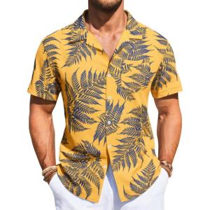 imageRuncati Mens Hawaiian Shirt Button Down Short Sleeve Tropical Floral Summer Beach TopsYellow