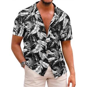 imageRuncati Mens Hawaiian Shirts Button Down Short Sleeve Cuban Collar Shirt Floral Tropical Summer Beach TopsBlack