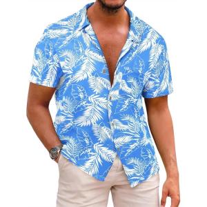 imageRuncati Mens Hawaiian Shirts Button Down Short Sleeve Cuban Collar Shirt Floral Tropical Summer Beach TopsBlue